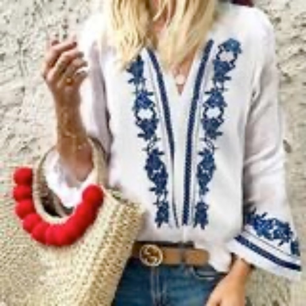 Bohemian Vintage Printed V-Neck Casual Blouse